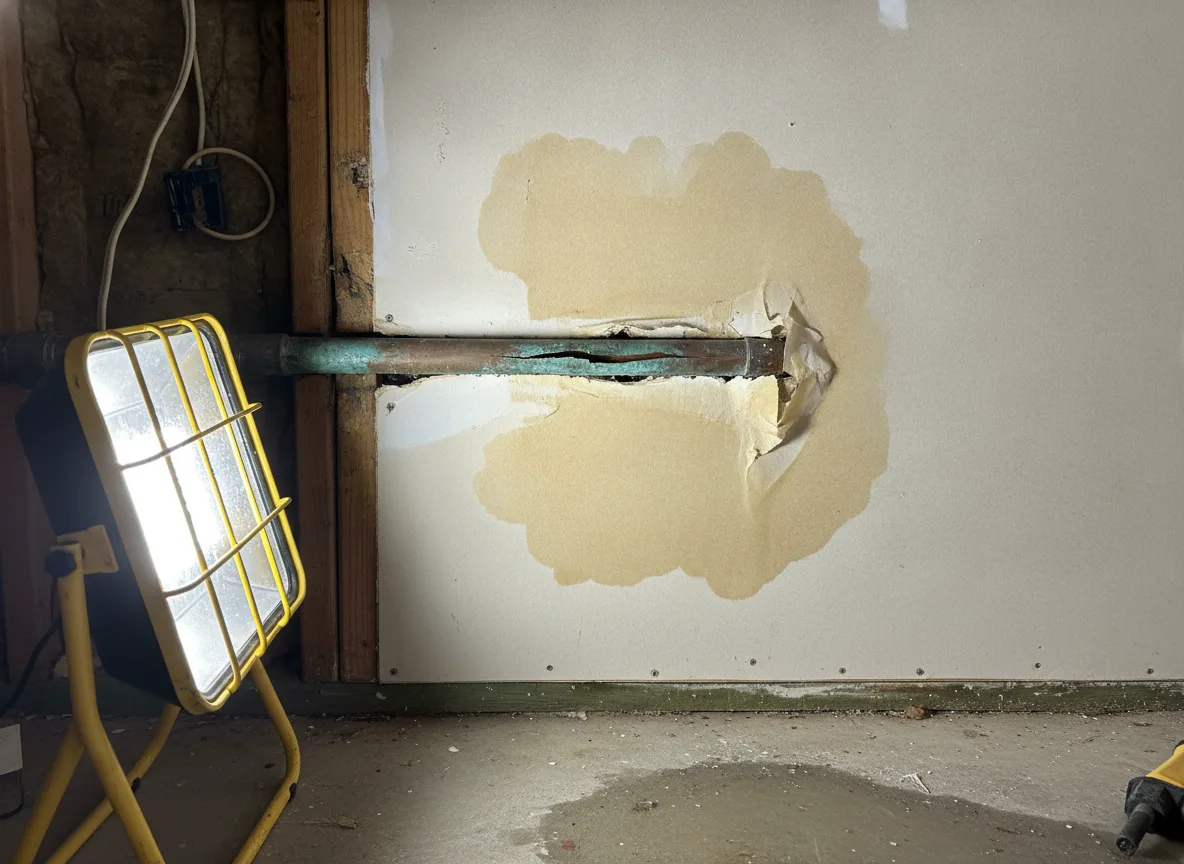 Split copper water pipe in a wall cavity